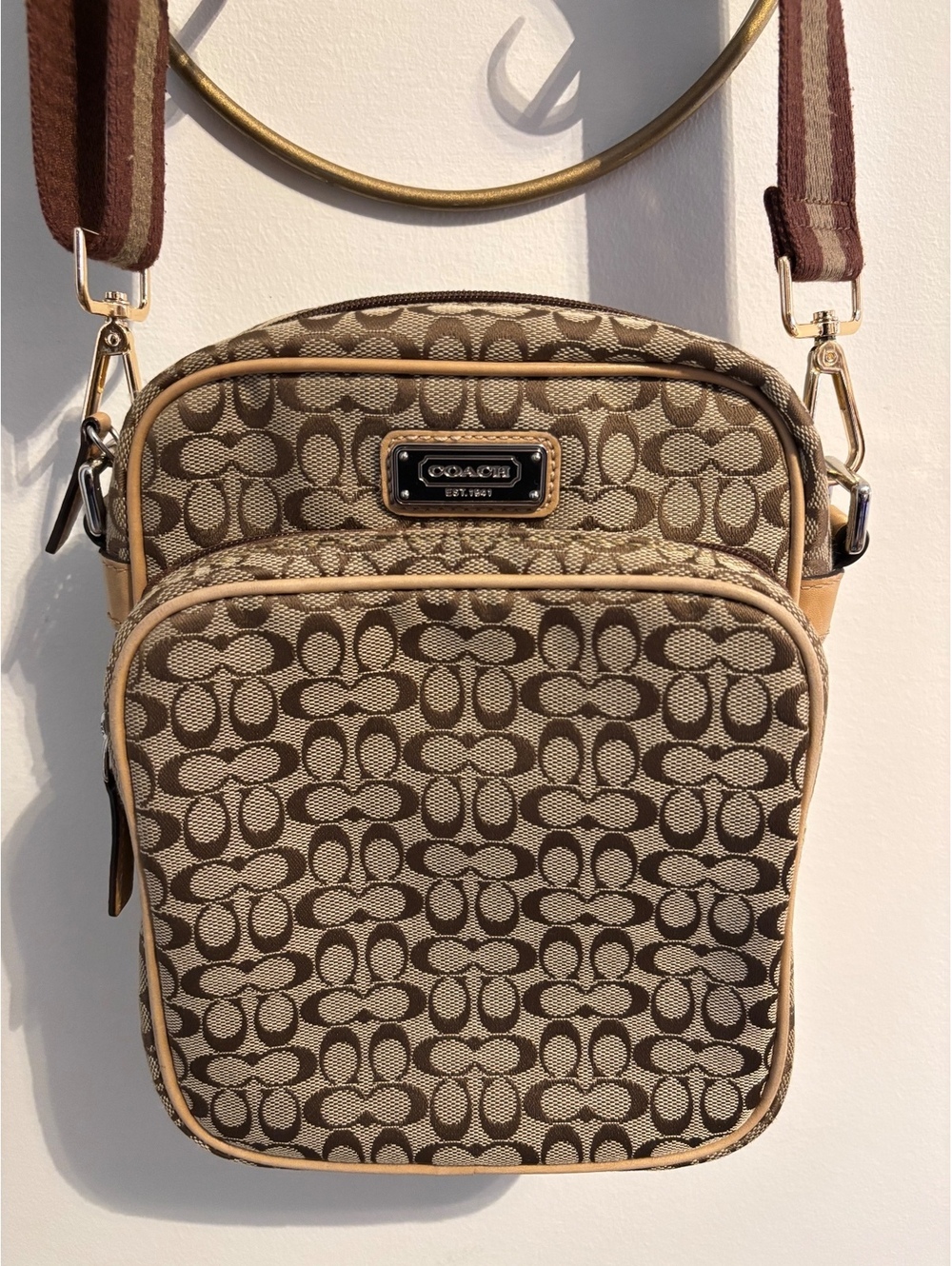 Coach Vintage Double Zip Vertical Camera Bag Signature Jacquard Brown!